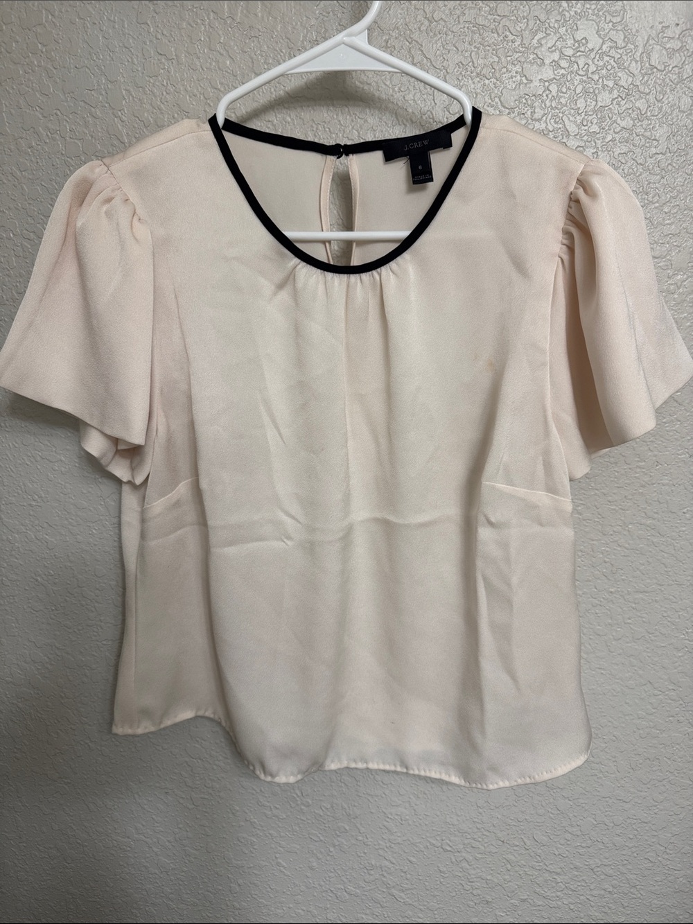 J. Crew Cream Short Sleeve Blouse with Black Neck Trim